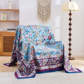 XIBLC Fall Blanket for Bed, 100% Cotton Soft Rustic Boho Throw Blanket Quilt, 50"x60" Farmhouse Decor Bed Flower Blankets, Light Weight Reversible Bohemian Throw Quilt