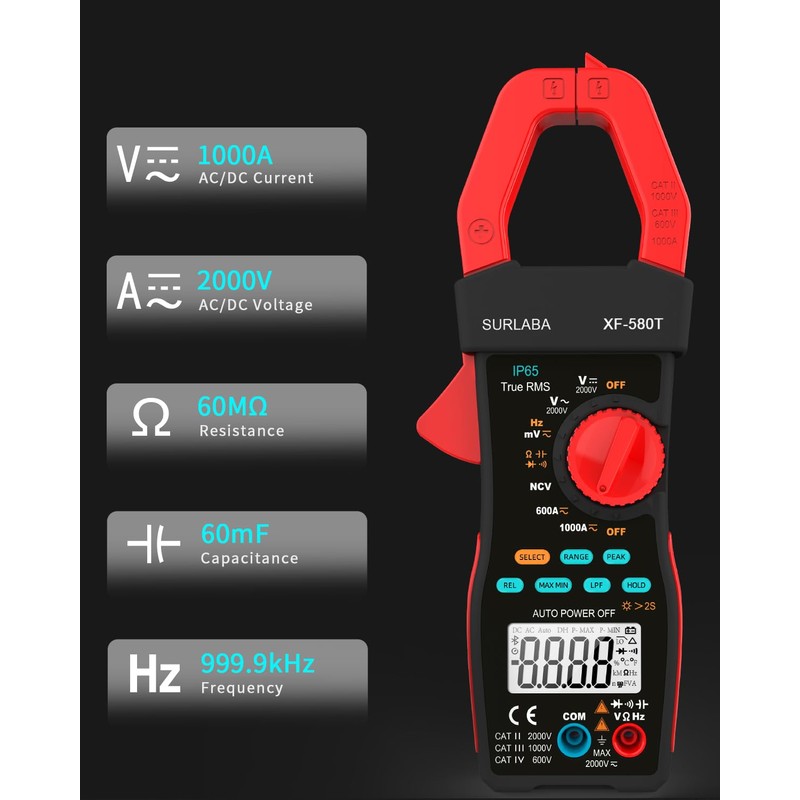SURLABA Digital Clamp Meter 1000A/2000V AC DC Current Voltage LPF