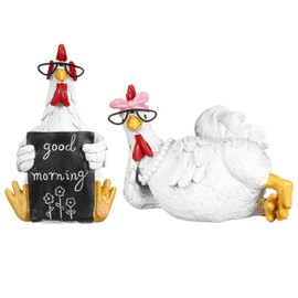 Wesiti 2 Pack Rustic Rooster and Chicken Resin Statue Set - Good Morning Chicken Figurine Farmhouse Resin Decor for Home Office Desktop Bookshelf Festival Gift
