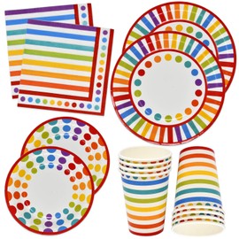 Gift Boutique 150 Pcs Rainbow Party Supplies Set Paper Plates Napkins for Colorful Bright Multi Colored Stripe & Polka Dot Birthday Disposable Dinnerware Serves 30