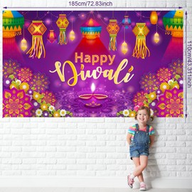 Clabby Happy Diwali Backdrop Banner Decor, Festival of Lights Party Photography Backdrop Decorations for Happy Diwali Party Indian Deepavali Lights Diyas Decor Supplies, 72.8 x 43.3 Inch