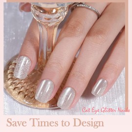 DMQ Cat Eye Press on Nails Short, 120Pcs Square Nude False Nails, French Nude Glitter Fake Nails, Soft Gel Glossy Stick on Nails with Glue, 15 Sizes Full Cover Glue on Nails for Women Nails Art