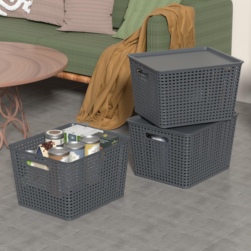 Zopnny Plastic Storage Baskets with Lid, Stackable Storage bins for