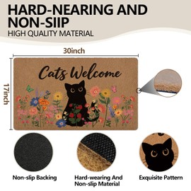 yueyaer Black Cat Flower Door Mat, Funny Welcome Outside Indoor Entrance Non Slip Doormat, Rustic Artificial Coir Porch Back Door Home Cat Lovers Owners Decor,17X30in