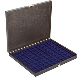 Lindner Carus-1 Real Wood Coin Case with a Dark Blue Coin Insert for 80 Coins / Coin Capsules up to Diameter 24 mm