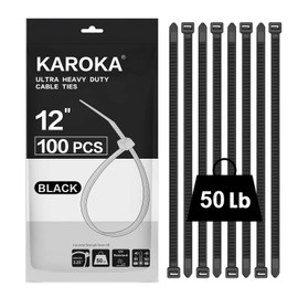 Karoka Zip Ties 12 inch (100 Pack), Black, 50 lb, UV Resistant Cable Ties for indoor and outdoor use, by Karoka