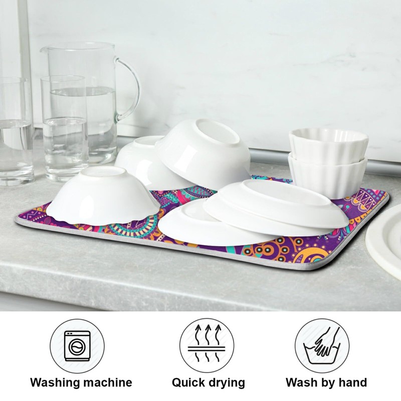 Kcldeci Indian Bohemian Mandala Dish Drying Mat Absorbent Reversible Microfiber