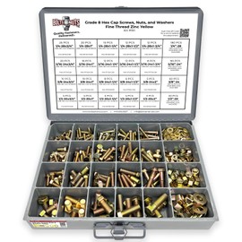 Grade 8 Hex Cap Screws Nuts Washers Fine Thread Zinc Yellow Assortment - 575 Pieces