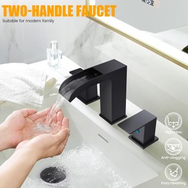 FROPO Black Bathroom Sink Faucet 3 Hole - Waterfall Bathroom Faucet 8 Inch Widespread Matte Black Faucet Bathroom 2-Handles Modern Vanity Faucets with Overflow Pop Up Drain & Supply Lines