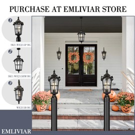 Emliviar Large Outdoor Pendant Light for Porch, 21 Inch Outdoor Hanging Light, Black Finish with Water Glass Shade, WE215HM BG