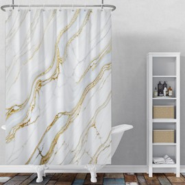 Uiiooazy Blue and White Shower Curtain, Yellow Marble Effect Bath Curtain Anti-Mould Waterproof Washable Polyester Fabric Bathroom Curtains with 8 Hooks 120 x 200 cm