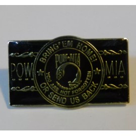POW MIA BRING'EM HOME OR SEND US BACK BLACK RECTANGLE SHAPED HAT PIN