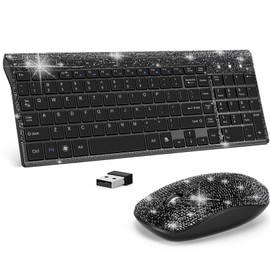 Dazzling Luxury Keyboard and Mouse Wireless, Sparkly Bling Rhinestone Wireless Mouse and Keyboard Gift Set (Black)