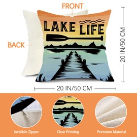 Fjfz Lake Life Boat Paddle Decorative Throw Pillow Covers 20x20 Set of 4, on Lake Time Lakehouse Rainbow Stripes Porch Outdoor Home Decor, Fishing Rod Chair Spring Summer Farmhouse Couch Cushion Case