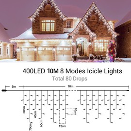 GlobaLink Christmas Icicle Lights Outdoor, 10M/32FT 400LED Icicle Fairy Lights with Timer & 8 Modes, 80 Drops Mains Powered Outdoor Christmas Lights for Roof Balcony Eaves Wall Windows - Cool White