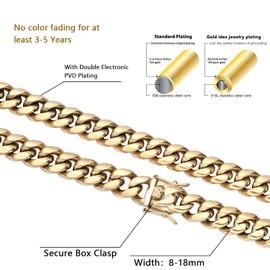 GOLD IDEA JEWELRY Hip Hop 14K Cuban Link Chain 5 Times Real Gold Plated Heavy Solid 8mm-18mm Miami Cuban Link Chain Stainless Steel Necklace/Bracelet for Me(24, 18mm)
