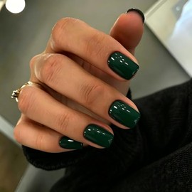 Uñas Postizas Cortas Cuadradas Verde Oscuro, Uñas de Gel Naturales con Pegamento, Colores de Otoño 2025, Uñas Acrílicas de Moda con Capa Protectora, R