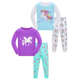 LOLPIP Girls' Pyjamas 100% Cotton Pyjamas for Children Sleepwear Long Sleeve 4-Piece Set 1-12 Years, Purple Blue Unicorn