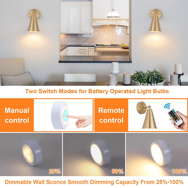 MWZ Gold Battery Operated Wall Sconces Set of Two,Wireless Indoor