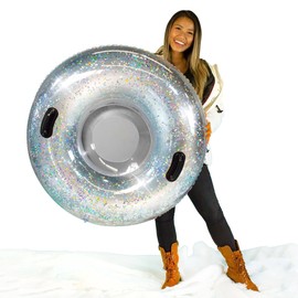 Inflatable Snow Tube Silver Glitter Large SnowCandy 48 inch Winter Tube with Handles. Perfect Silver Glitter Filled Snow Tube for Adutls & Kids.