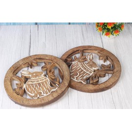 Set of 2 Rabbit Wooden Trivets for Hot Pots and Pans Tea Pot Holders Hot Pads Modern Farmhouse Kitchen Counter Décor | 8 Inch Diameter