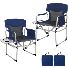 Romswi Director Chairs for Outdoor, Folding Camping Chair, Compact Directors Chair Side Table and Side Bag, Heavy Duty Oversize Seat for Beach Fishing Picnic Chairs, Holds up to 300 lbs Blue 2 Pcs