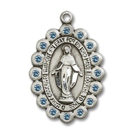 Bliss Sterling Silver Miraculous March Color Month Virgin Mary Necklace 18" Chain