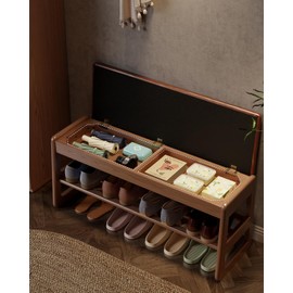 AQIMUELE Shoe Rack Bench with Leather Cushion,2 Tiers Shoe Bench with Flip-Top Storage,Wood Shoe Rackh for Entryway,Hallway（Orange,39.4"）