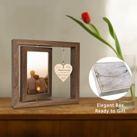 Happy Anniversary Frame Gifts for Her Him Girlfriend Couples, Rustic Wood Floating Anniversary Picture Frame Display Two 4x6 with Gift Box