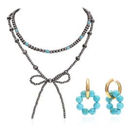 3PCS Navajo Pearl Bow Necklace Western Jewelry for Women Cowgirl Turquoise Necklaces Jewelry Turquoise Beaded Huggie Hoop Earrings