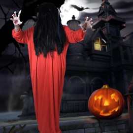 KASTOBS Sadako Cosplay Costume, Halloween Ghost Cosplay Costume, Haunted House, Costume, Halloween Costume, Adult Costume, Horror Cosplay, Robe + Wig 2-Piece Set (Red, 51.2 inches (130 cm)
