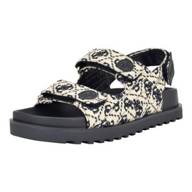GUESS Women's FADEY Flat Sandal, Ivory/Dark Blue Logo Multi, 9
