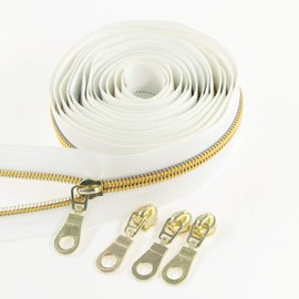 Leekayer White Nylon Zipper #5 Gold Metallic Nylon Coil Teeth Zipper by The Yards Bulk 10 Yards Tape with 25pcs Gold Sliders for DIY Sewing Tailor Craft Bag