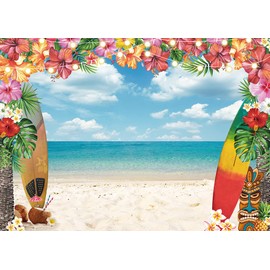 Summer Hawaiian Beach Backdrop Sky Ocean Tropical Palm Flower Surfboard Glitter Photography Background Baby Shower Aldult Kids Birthday Party Decoration Booth Props 7x5FT
