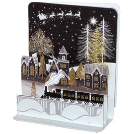 Pictura Train, Village and Santa's Sleigh Flying Across the Night Sky 4 3/4 Inches Tall 3D Pop-Up Christmas Card