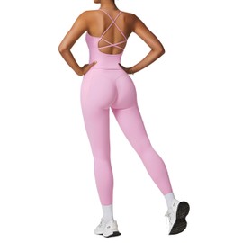 RXRXCOCO Strappy Back Workout Sets for Women 2 Piece Padded Tank Tops Hidden Scrunch Butt Lifting Leggings with Pockets Light Pink Medium
