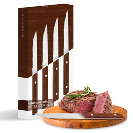 Misen Steak Knives Set of 4 - Precision Serrated Blades for Effortless Dining - German Stainless Steel - Superior Cuts with Four Steak Knives - Comfortable, Sleek Handles - Walnut