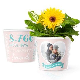 1st Wedding Anniversary Flower Pot (ø16cm) | Great Paper Wedding Gifts & Romantic Decorations for Couples, Women & Men with a frame for 1 photo (10x15cm) | 1 Year in Hours, Minutes & Seconds