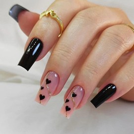 Valentines Long Press on Nails Black Fake Nails Coffin Square Black False Nails with Heart and Gold Line Design Acrylic Nails Press on Artificial Nails Stick on Nails For Women-24Pcs