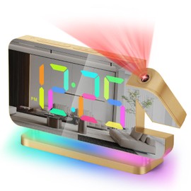 Poeroa Projection Alarm Clock for Bedroom,7.4" LED Mirror Digital Clock Large Display,with RGB Night Light,180° Rotatable Projector,USB C Port,Auto Dimmer, Loud Desk Clock for Heavy Sleeper - Gold