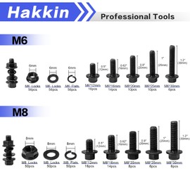Hakkin 244pcs M6-1.0 M8-1.25 Flanged Hex Head Bolts, M6 Bolt M8 x 1.25 Bolt Metric Flange Hex Screws Nuts Washers, Alloy Steel Black Zinc Plated Flange Hex Bolts and Nuts Kit, Fully Threaded