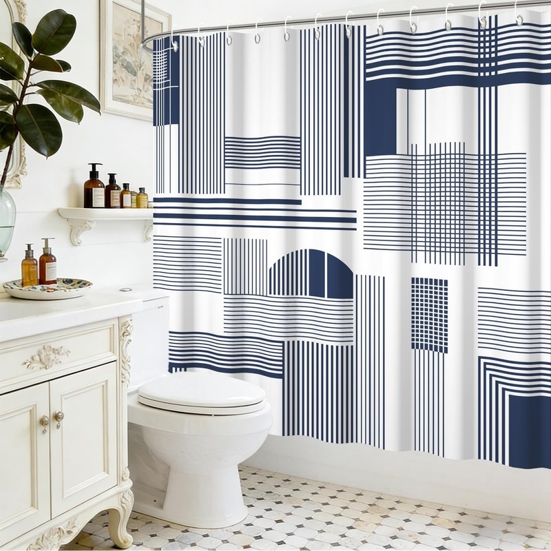 Yeele Navy Blue Geometric Line Art Shower Curtain, Modern Abstract