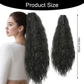 Qwrqwr Claw Clip Ponytail Extension for Women 50 cm Long Curly Wavy Synthetic Hairpiece (Black)