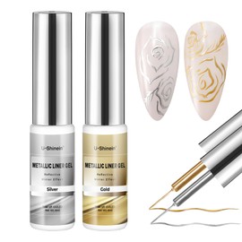 U-Shinein Metallic Mirror Painting Gel Nail Polish, Silver & Gold Metal Painted Drawing Gel with Brush Chrome Gel Polish 2pcs 6ml Set 3D Effect Curing Requires Home Nail Art DIY