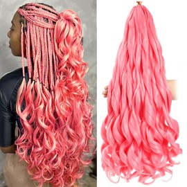 French Curly Braiding Hair 24 Inch 8 Packs Pink Color - Pre Stretched Bouncy Braiding Hair- Loose Wavy Synthetic Hair Extensions For Black Women (24 inch 8 packs, Pink)