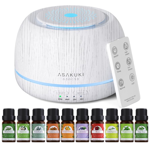 ASAKUKI Premium Essential Oil Diffuser with 10 Oil Set &Remote Control, 5 in 1 Ultrasonic Aromatherapy Fragrant Oil Humidifier Vaporizer, Timer and Auto-Off Safety Switch-White
