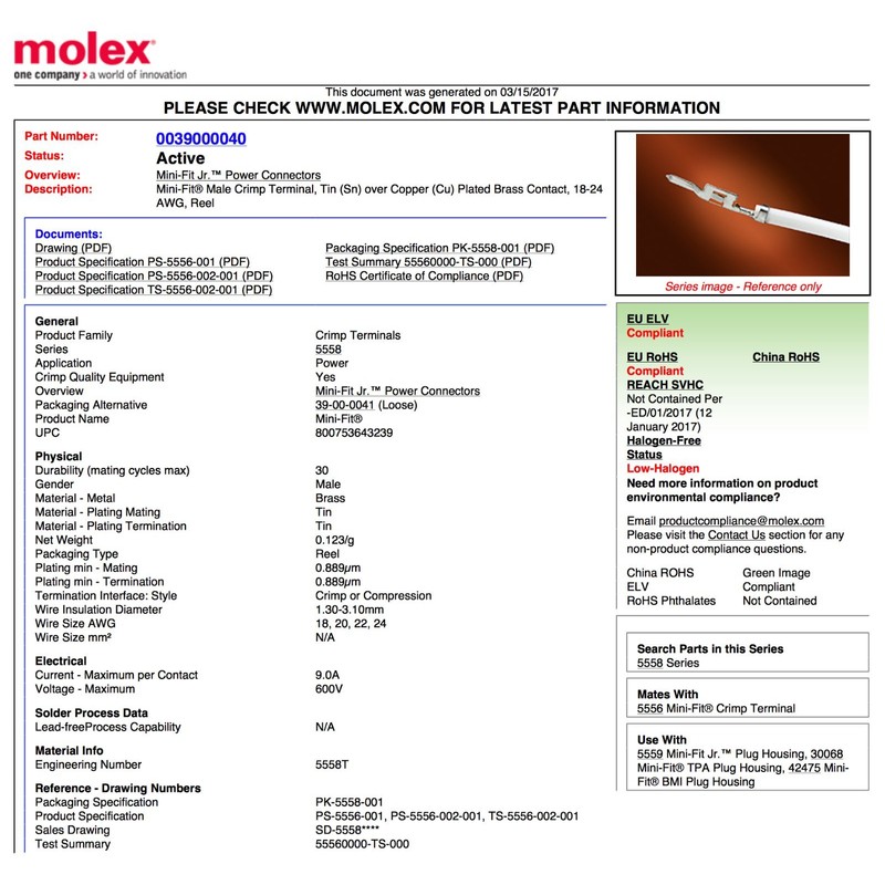 Molex 4-Pin Black Connector Pitch 4.20mm.0165" w/18-24 AWG Pin Mini-Fit