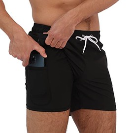 Arcweg Men's Swim Trunks Shorts with Compression Liner 2 in 1 Quick Dry Swimming Shorts with Boxer Brief Lined Surfing Stretchy Beach Shorts with Zipper Pockets Black L(UK)