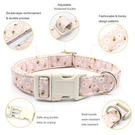 Floral Dog Collar Adjustable for Small Dogs - Cute Spring Summer Girl Dog Collar for Female Dogs, Blooming Flower Pattern Cotton Collar with Quick Release Buckle, Pink Daisy Bee-L