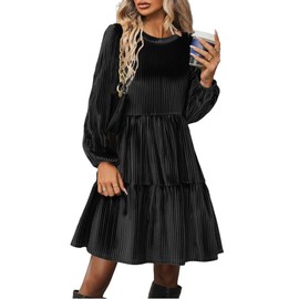 Zeagoo Women's Long Sleeve Elegant Velvet Dress Round Neck Ruffle A Line High Waist Casual Dresses Winter Dress with Pockets, black